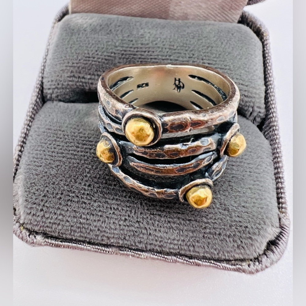 Grace & Heart Sterling Silver Gold Brass Ball & Textured open Design Ring Size 6 - Picture 4 of 7